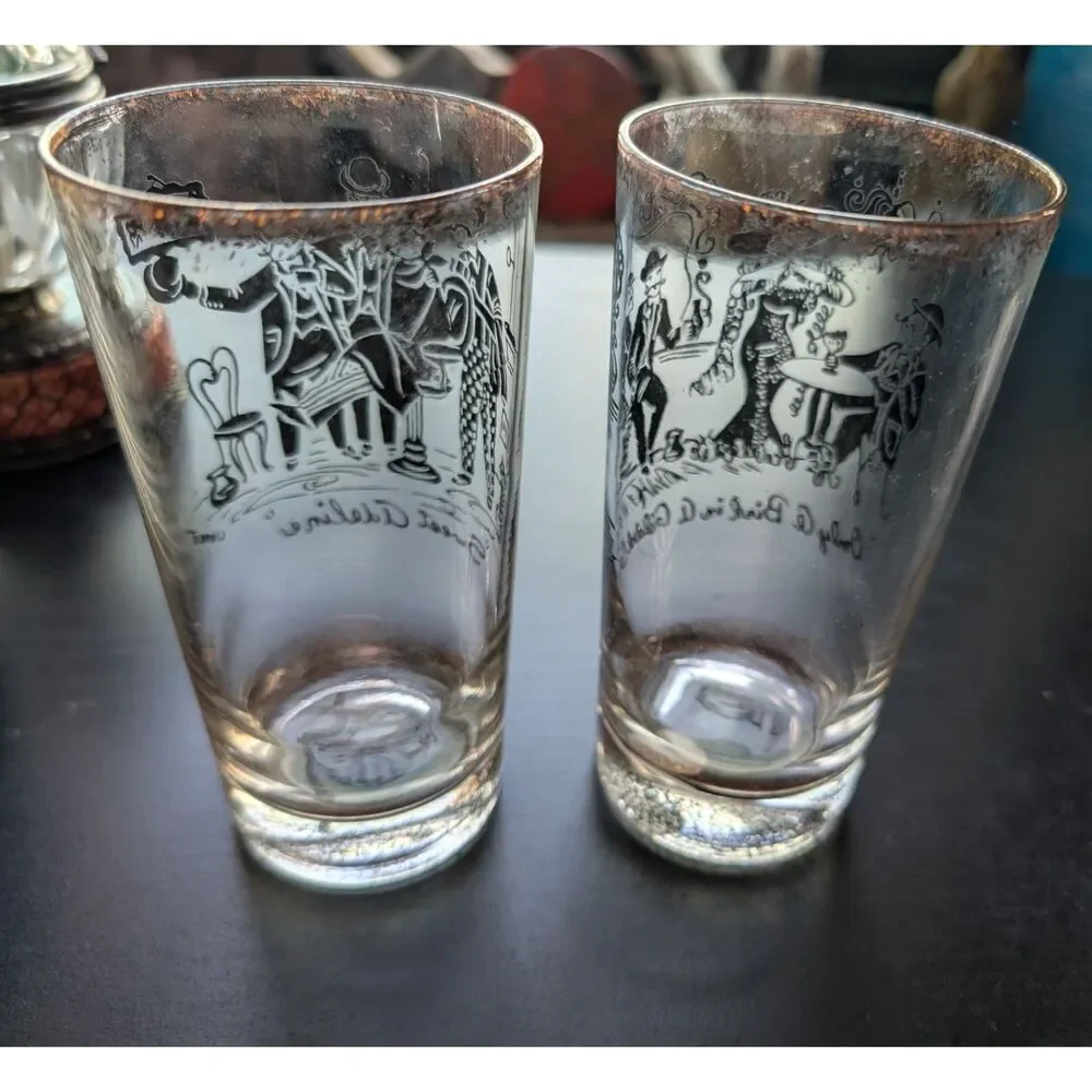 VTG Mid Century Highball Glasses Signed Clement Barbershop Quartet Gay 90s 2